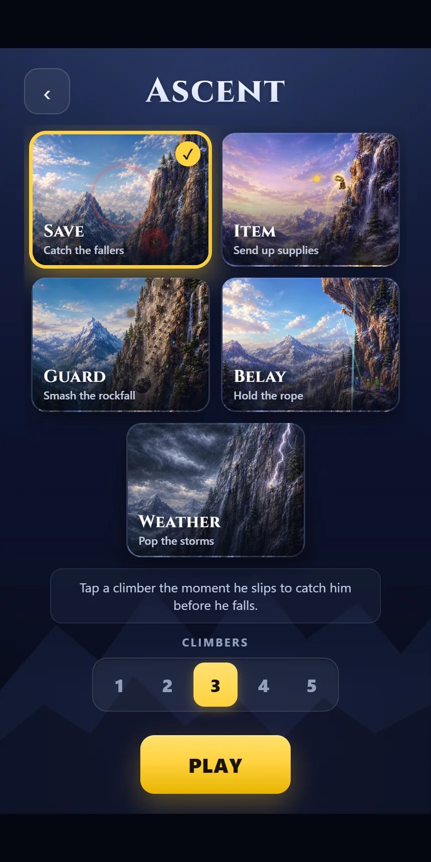 Ascent modes — Save, Item, Guard, Belay and Weather