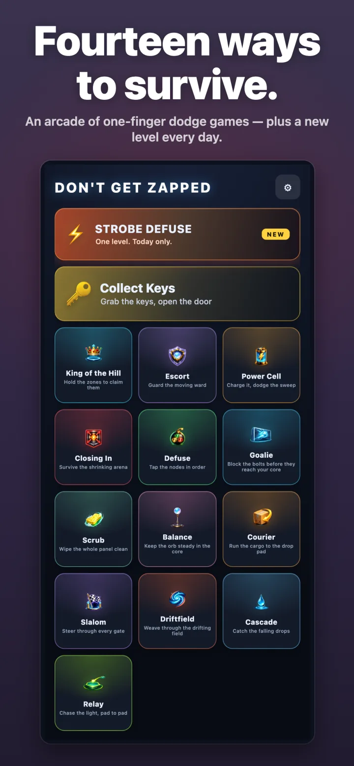 Fourteen ways to survive. — An arcade of one-finger dodge games — plus a new level every day.